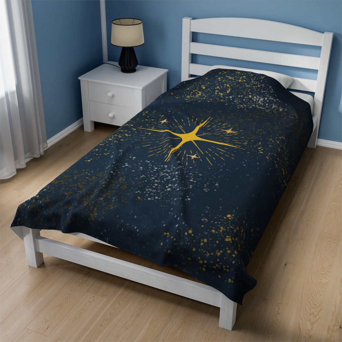 Plush Blanket - North Star Night Sky Gold Silver Stars Dark Blue Background