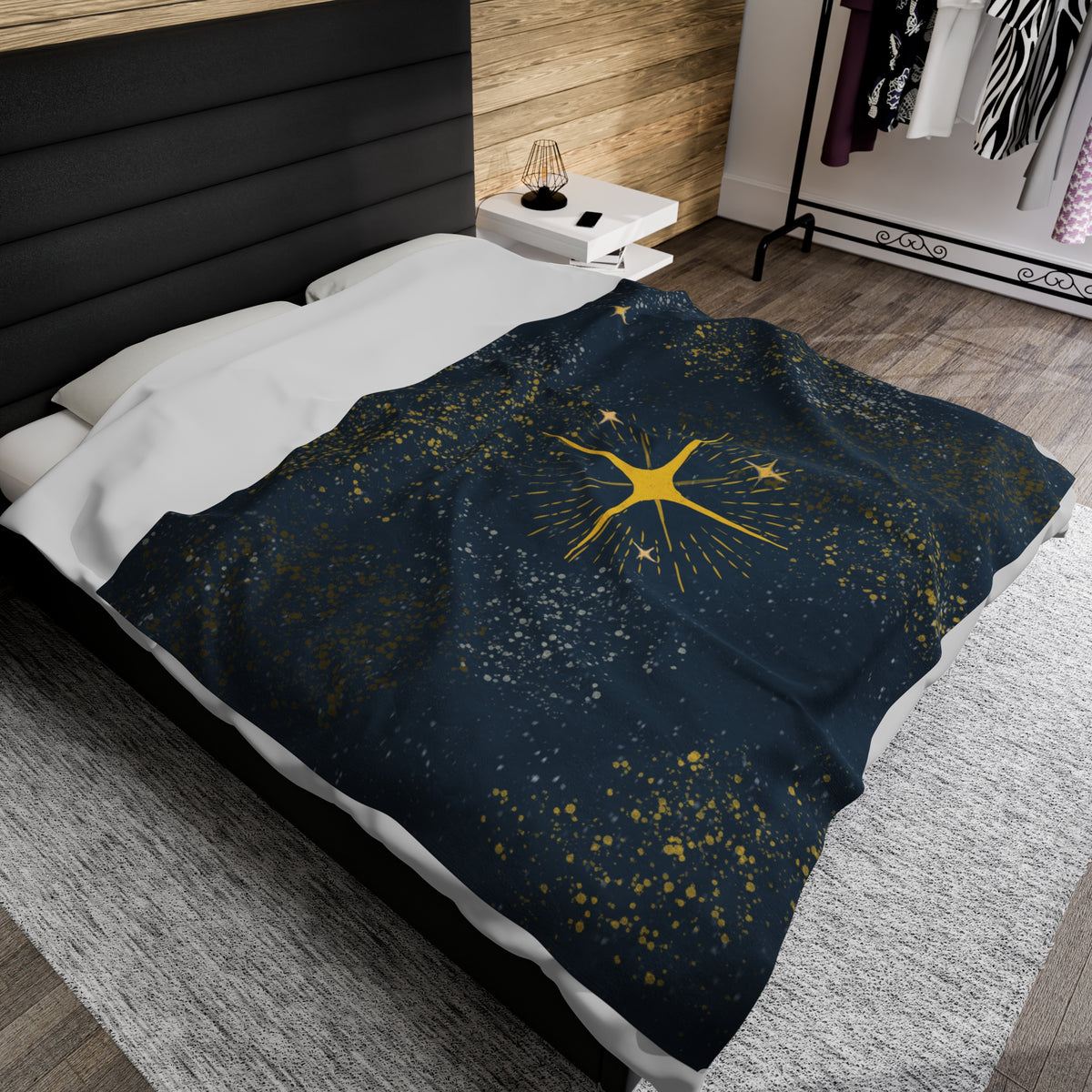 Plush Blanket - North Star Night Sky Gold Silver Stars Dark Blue Background