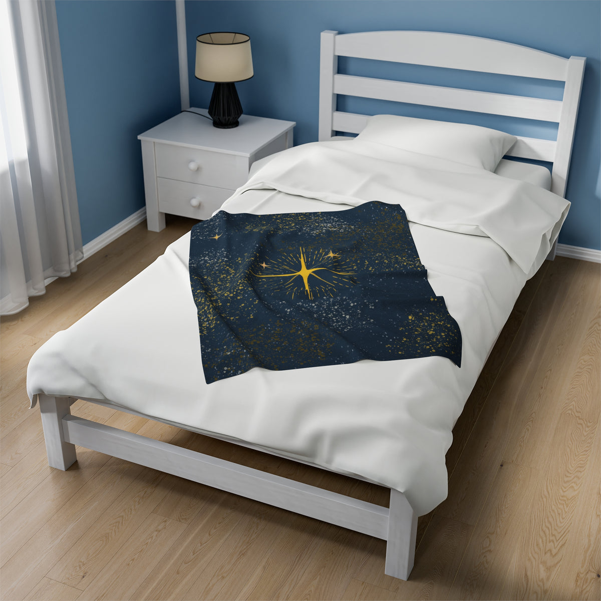 Plush Blanket - North Star Night Sky Gold Silver Stars Dark Blue Background