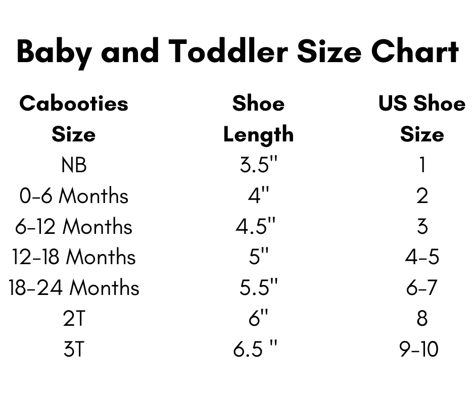 Baby and Toddler size chart 
