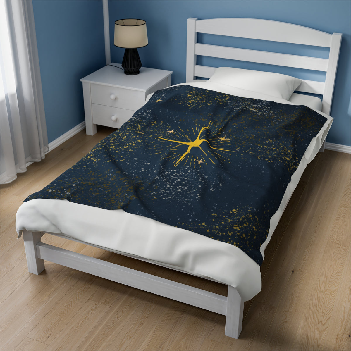 Plush Blanket - North Star Night Sky Gold Silver Stars Dark Blue Background