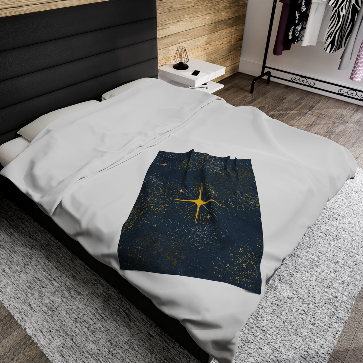 Plush Blanket - North Star Night Sky Gold Silver Stars Dark Blue Background