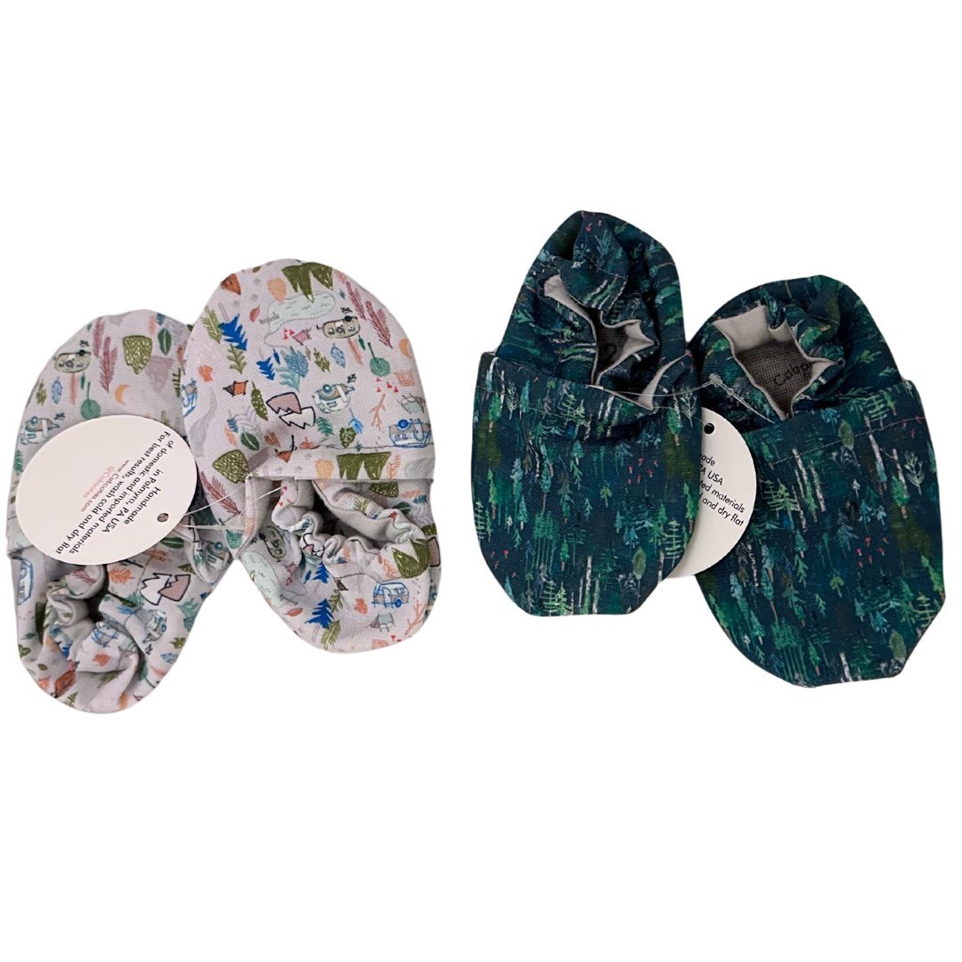 Happy Camper and Summer Forest Cabooties baby booties. Baby shoes from the Icebreaker collection