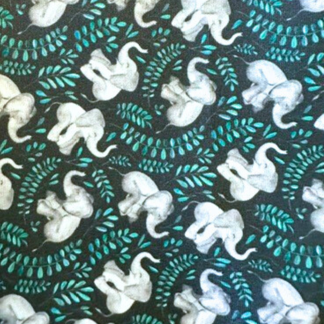 Close up photo of limited edition eco canvas fabric Unforgettable Elephants by Cabooties
