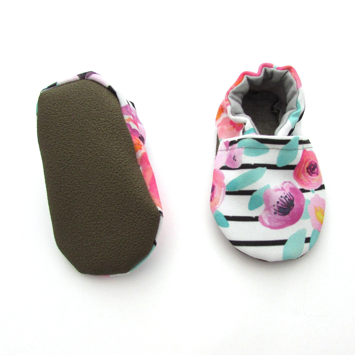 Floral Stripe Wshable Eco-Canvas Baby Shoes that don&#39;t fall off soft rubber soles