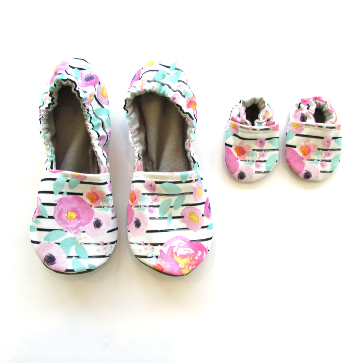 Floral Stripe Women&#39;s Slippers on White Eco Canvas - Mommy and Me