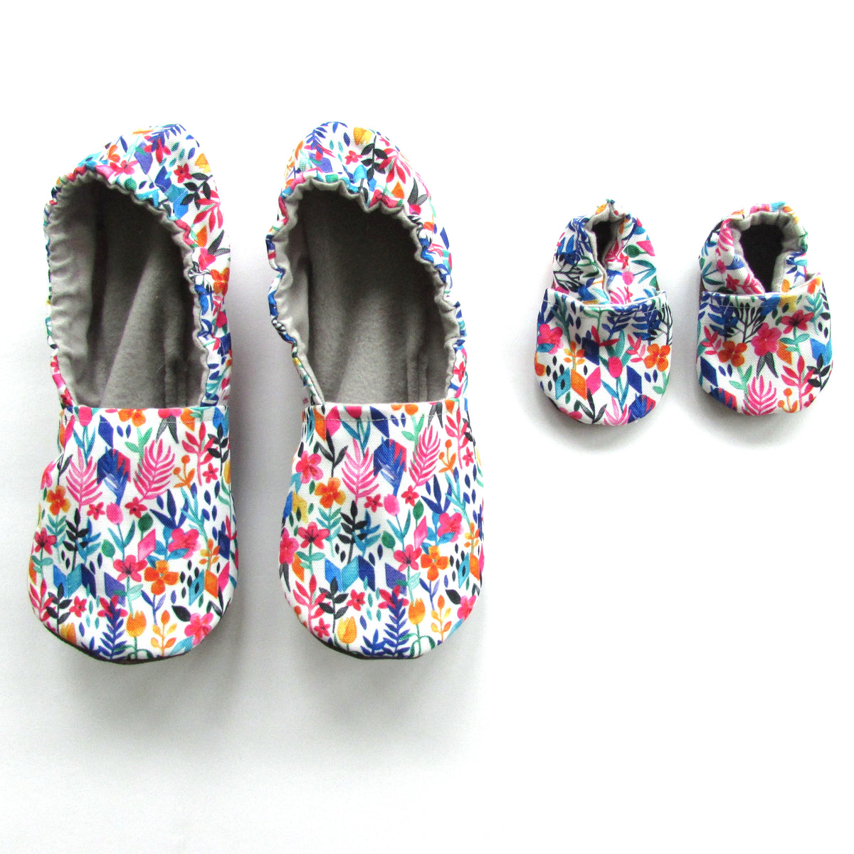 Spring Flowers Women's Slippers on White Eco Canvas - Mommy and Me